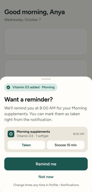 Tabella asks whether you want a reminder at 8:00 AM, after you add your first supplement.